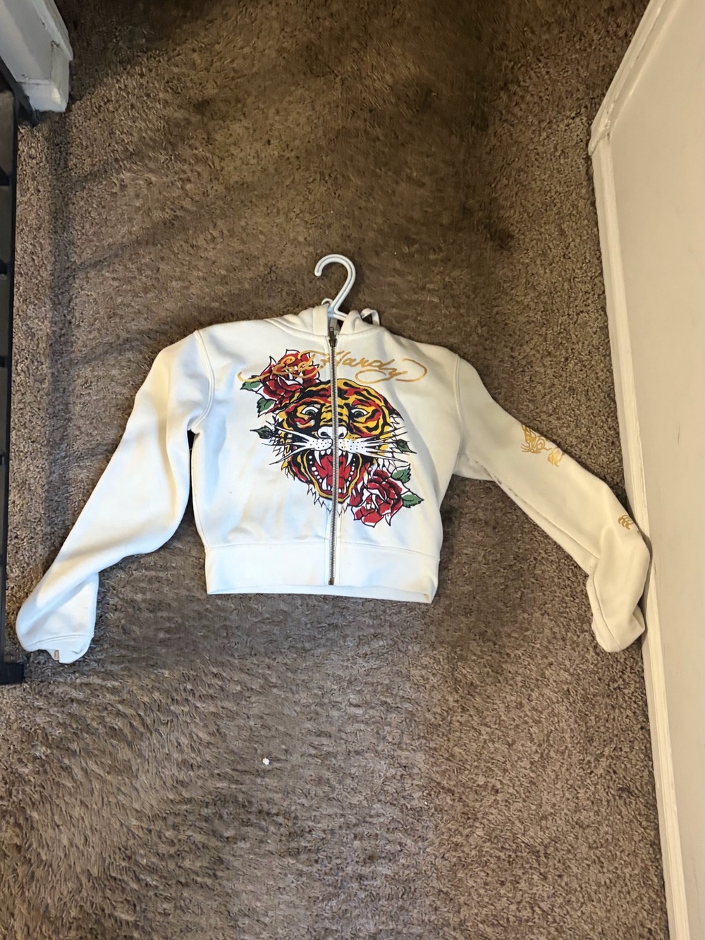 Ed Hardy White Kids Zip-Up Hoodie with Tiger and Rose Graphic